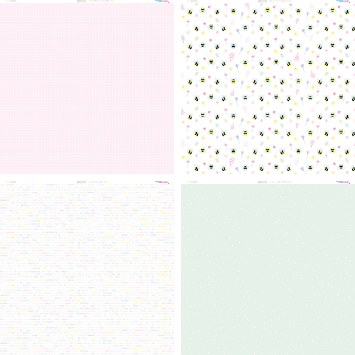 Padrões de tecido variados: xadrez rosa, flores e abelhas, texto colorido e bolinhas brancas em fundo verde água.