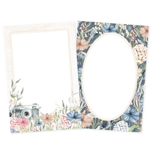 Dois porta-retratos decorativos com padrão floral, um branco com flores e câmara, outro azul com flores e moldura oval