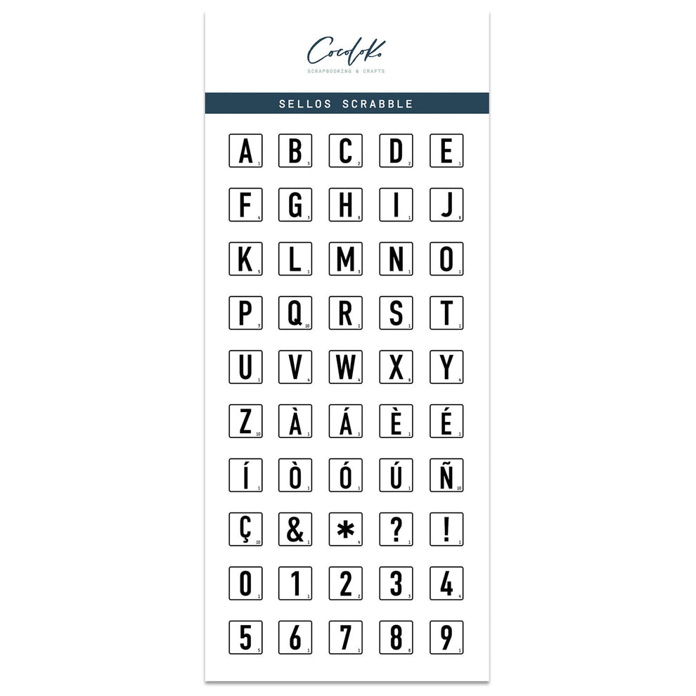 Folha de selos de carimbos com letras, números e símbolos em molduras pretas