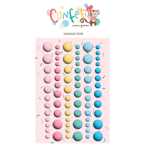 Conjunto de botões esmaltados coloridos em fundo rosa com confetes