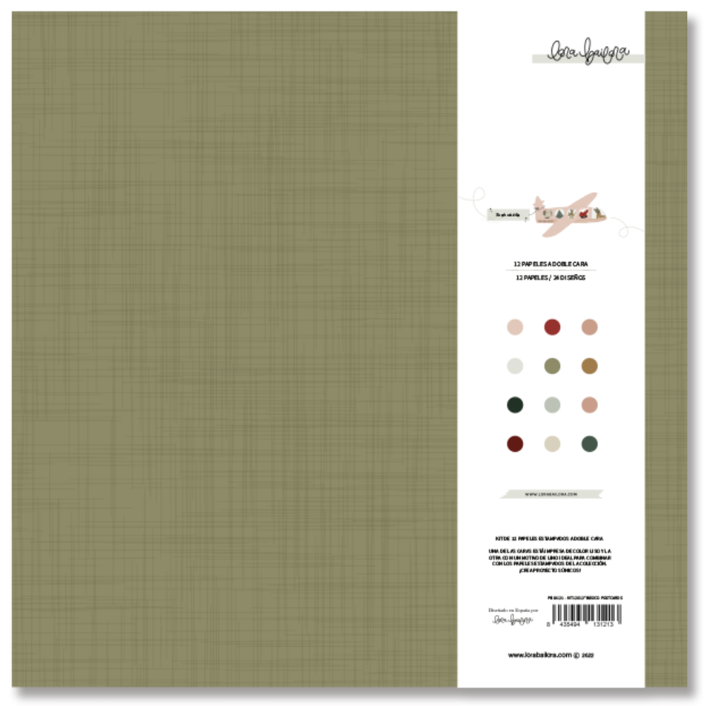 Folha de papel castanho esverdeado com padrão de grade, faixa lateral branca com texto e ilustração de avião de papel.