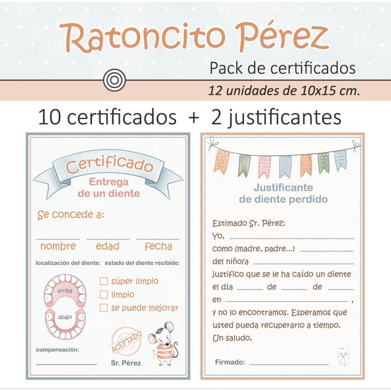 Pack de certificados do Ratóncito Pérez com 10 certificados de entrega de dente e 2 justificantes de dente perdido com espaços para preencher