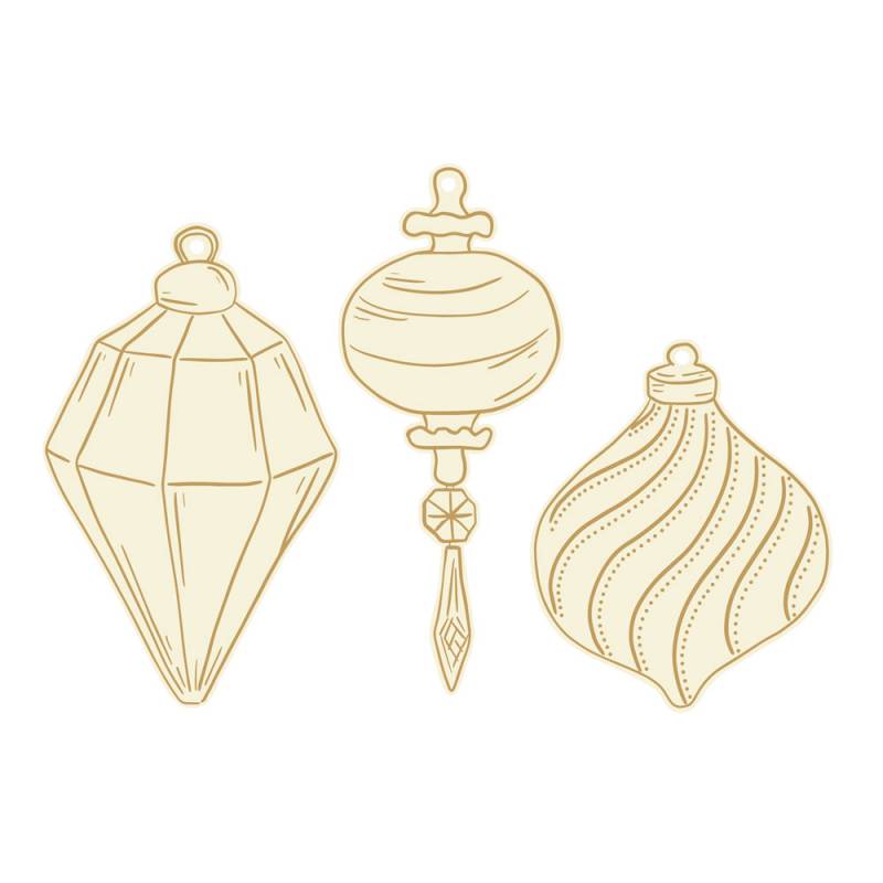 Três ornamentos de Natal dourados vintage em fundo branco