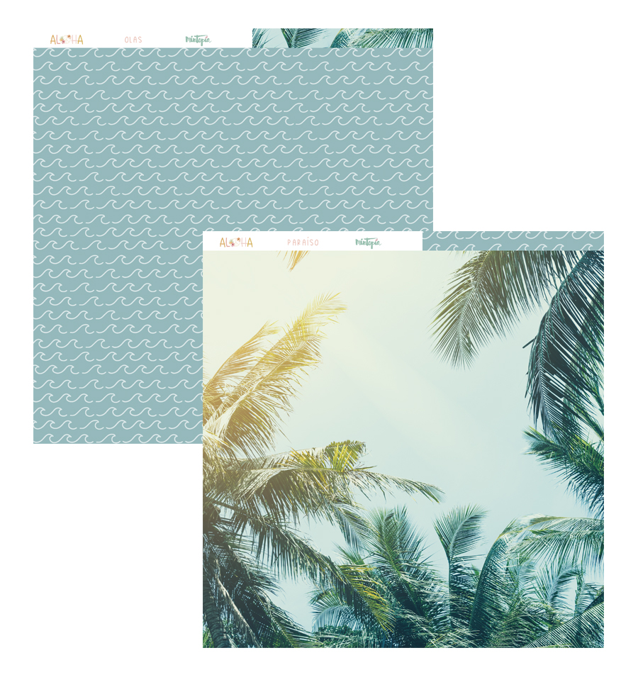 Papel decorativo com padrão de ondas azul e imagem de palmeiras