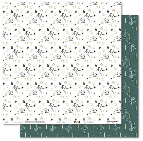 Papel decorativo com padrões de estrelas, círculos dourados e folhas em verde