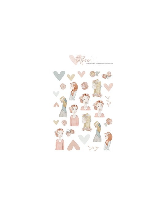 Autocolantes decorativos de mulheres, corações e flores em tons pastel com texto 'Toffee'.