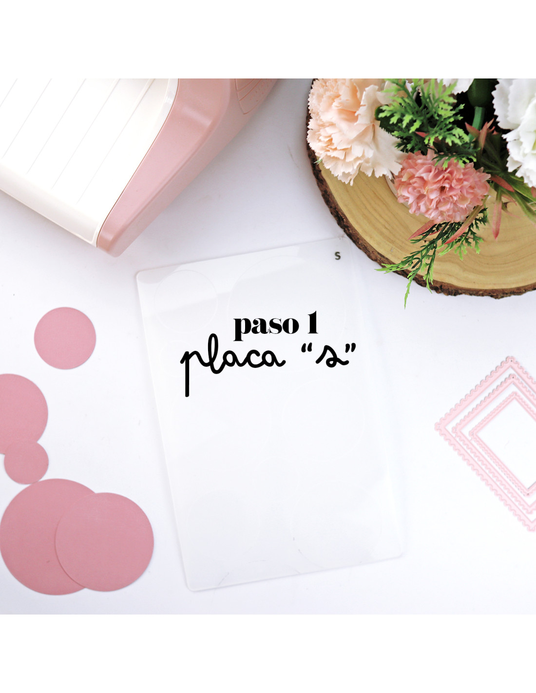 Placa transparente com texto em preto, círculos e moldura rosa, flores e descanso de madeira