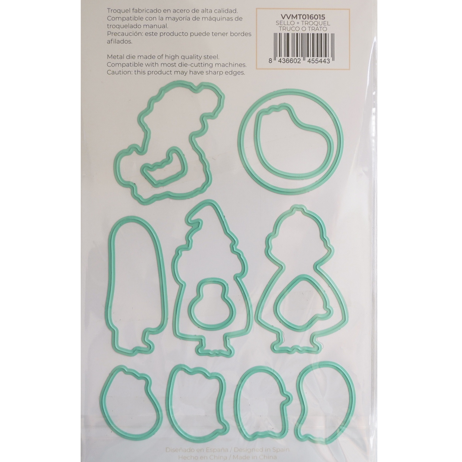 Conjunto de moldes de corte metálicos verdes em embalagem branca.