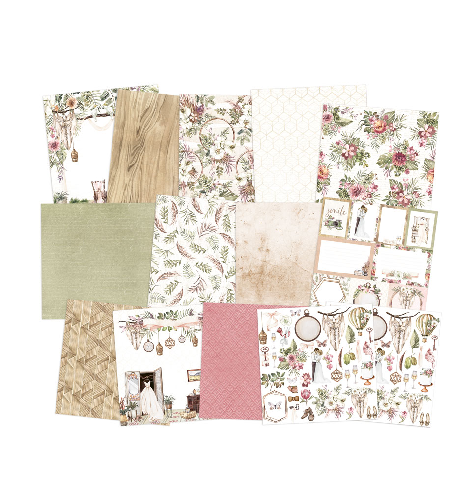 Folhas de papel decorativo com padrões florais, madeira e texturas diversas.