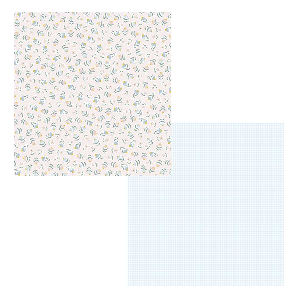 Papel decorativo com padrão floral numa face e padrão de grelha azul na outra