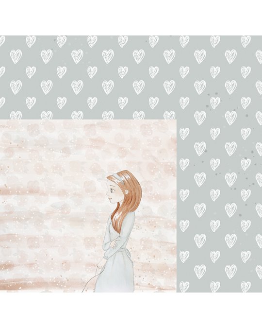 Ilustração de rapariga com túnica branca em fundo bege e padrão de corações cinza