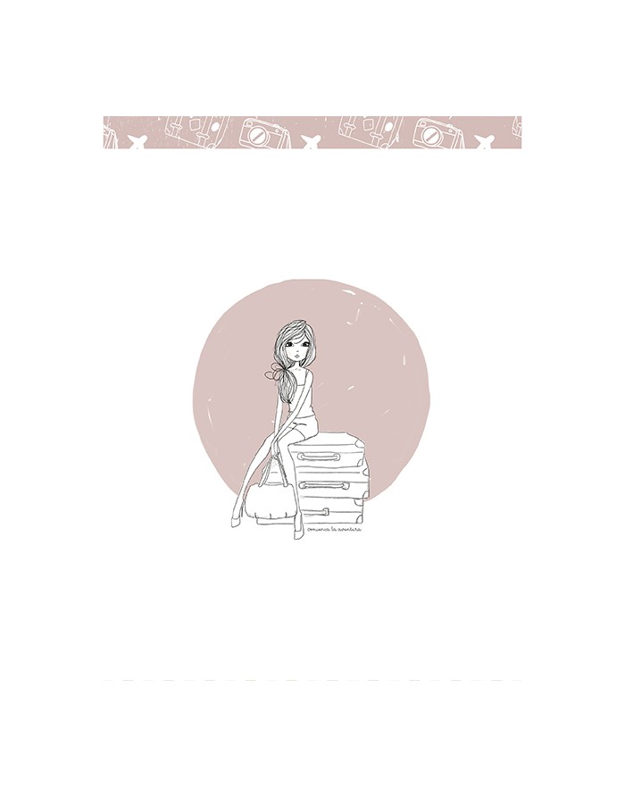 Ilustração de mulher sentada em malas com fundo rosa e faixa decorativa