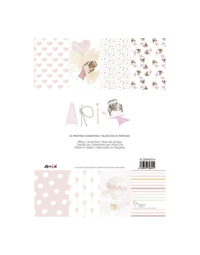 Bloco de cartão impresso com vários padrões e ilustrações delicadas em tons pastel.