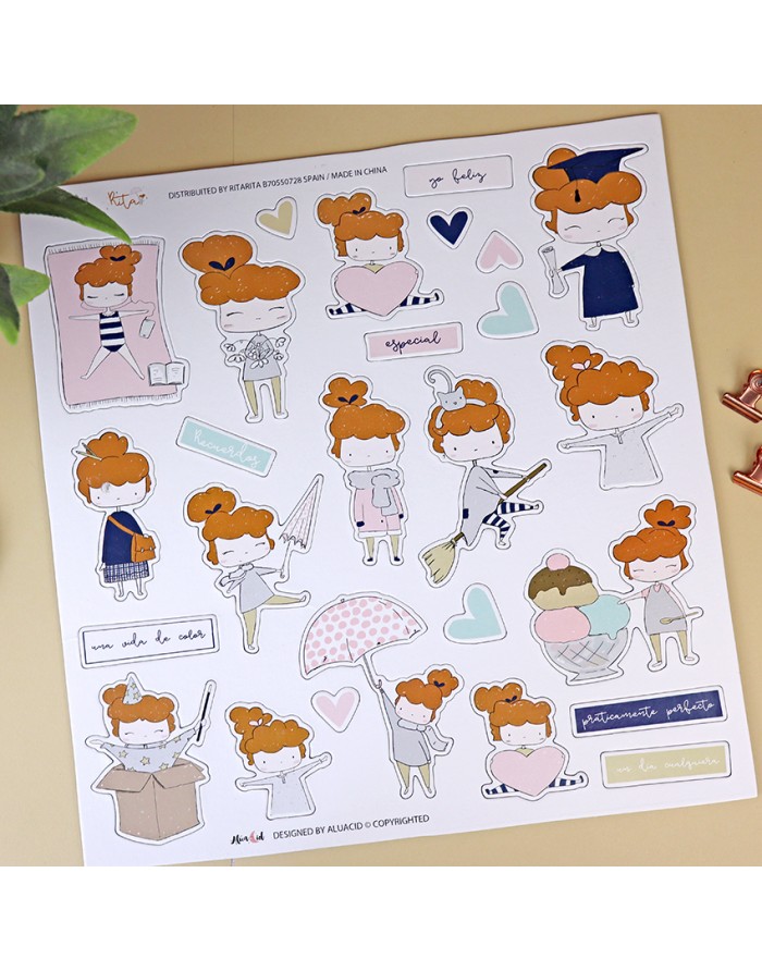 Folha de autocolantes de personagem feminina ruiva em várias poses e roupas coloridas