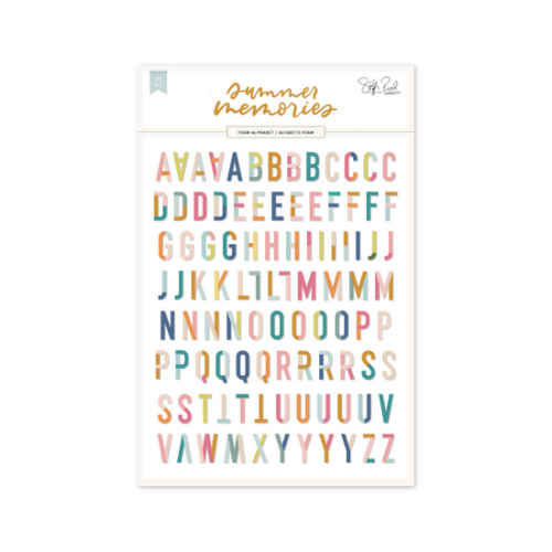 Folha de autocolantes de letras coloridas em tons pastel e texto 'summer memories' no topo