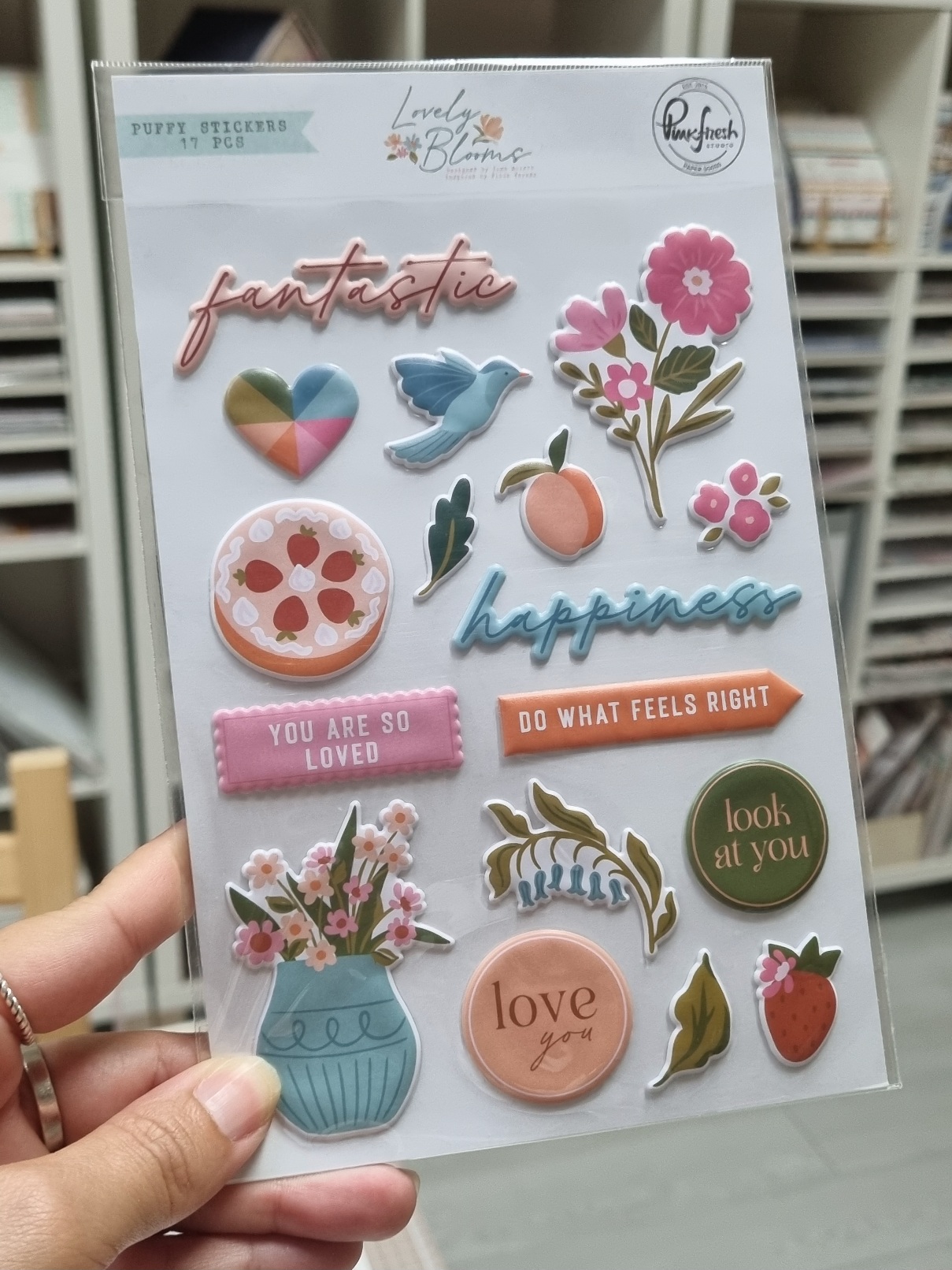 Pacote de autocolantes puffies coloridos com várias ilustrações e textos inspiradores.