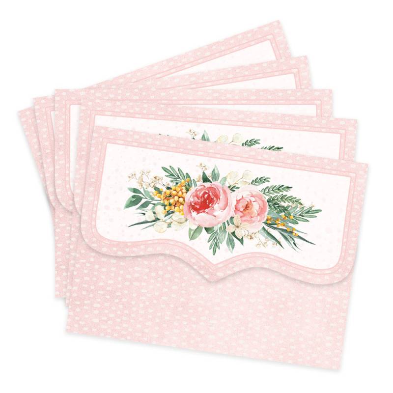 Cinco envelopes rosa com padrão de corações e flores coloridas