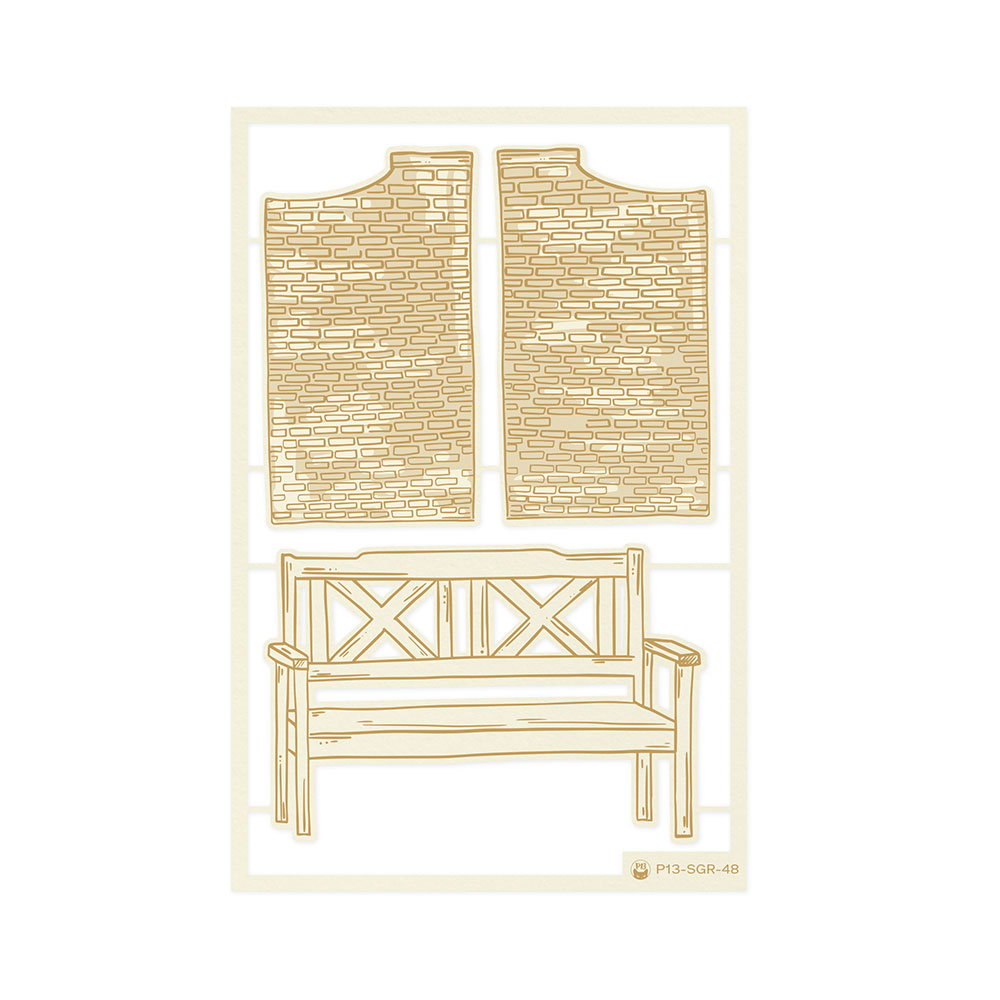 Modelo de papel com padrão de tijoleira e banco de madeira castanha clara