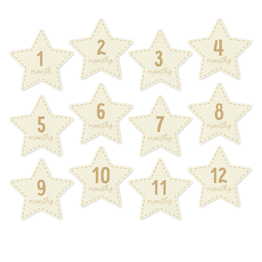 Cartões de meses em forma de estrela cor creme com números e texto dourado.