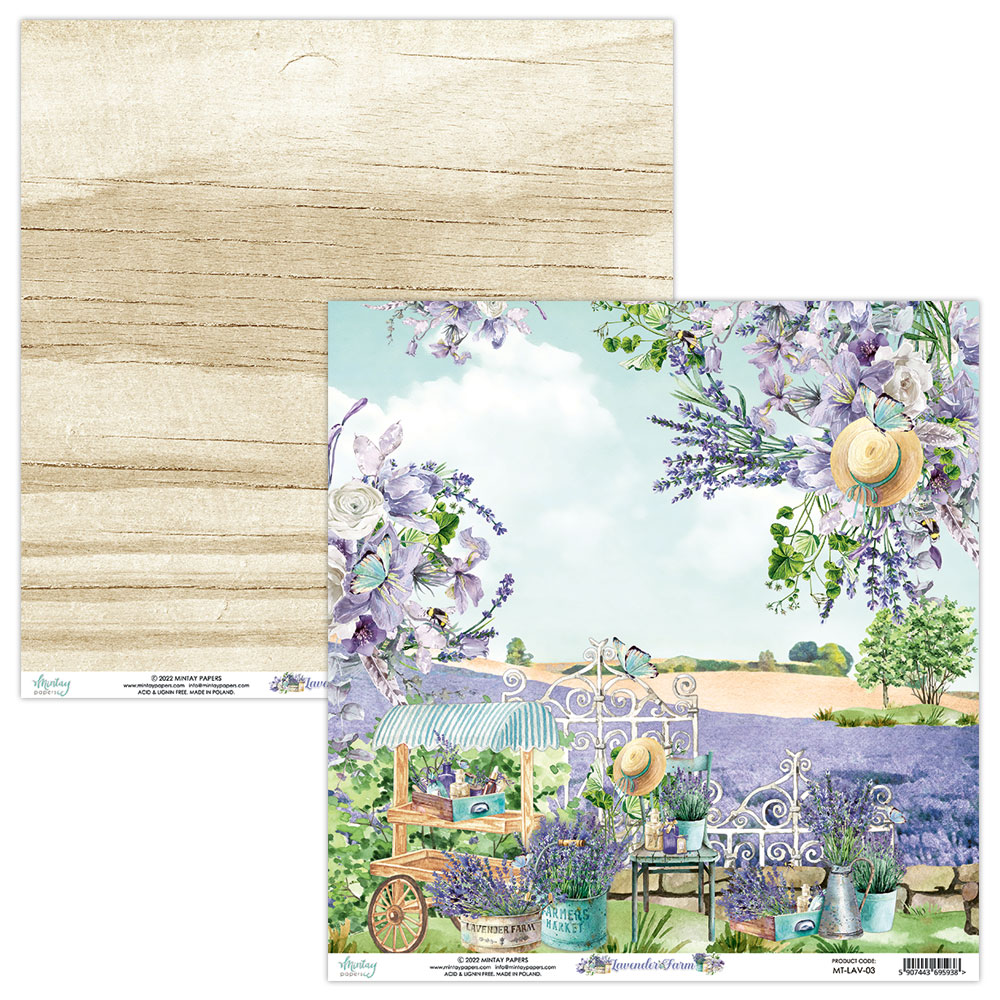 Papel decorativo com padrão madeira e campo de lavanda com objetos