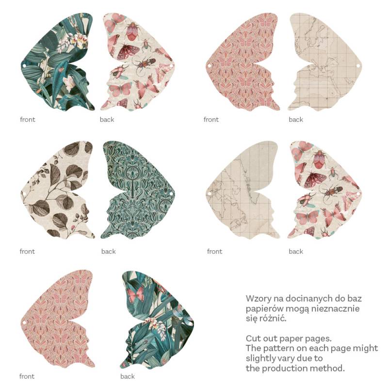 Papéis recortados com estampas florais, insetos, folhas e mapas, com texto em polaco e inglês