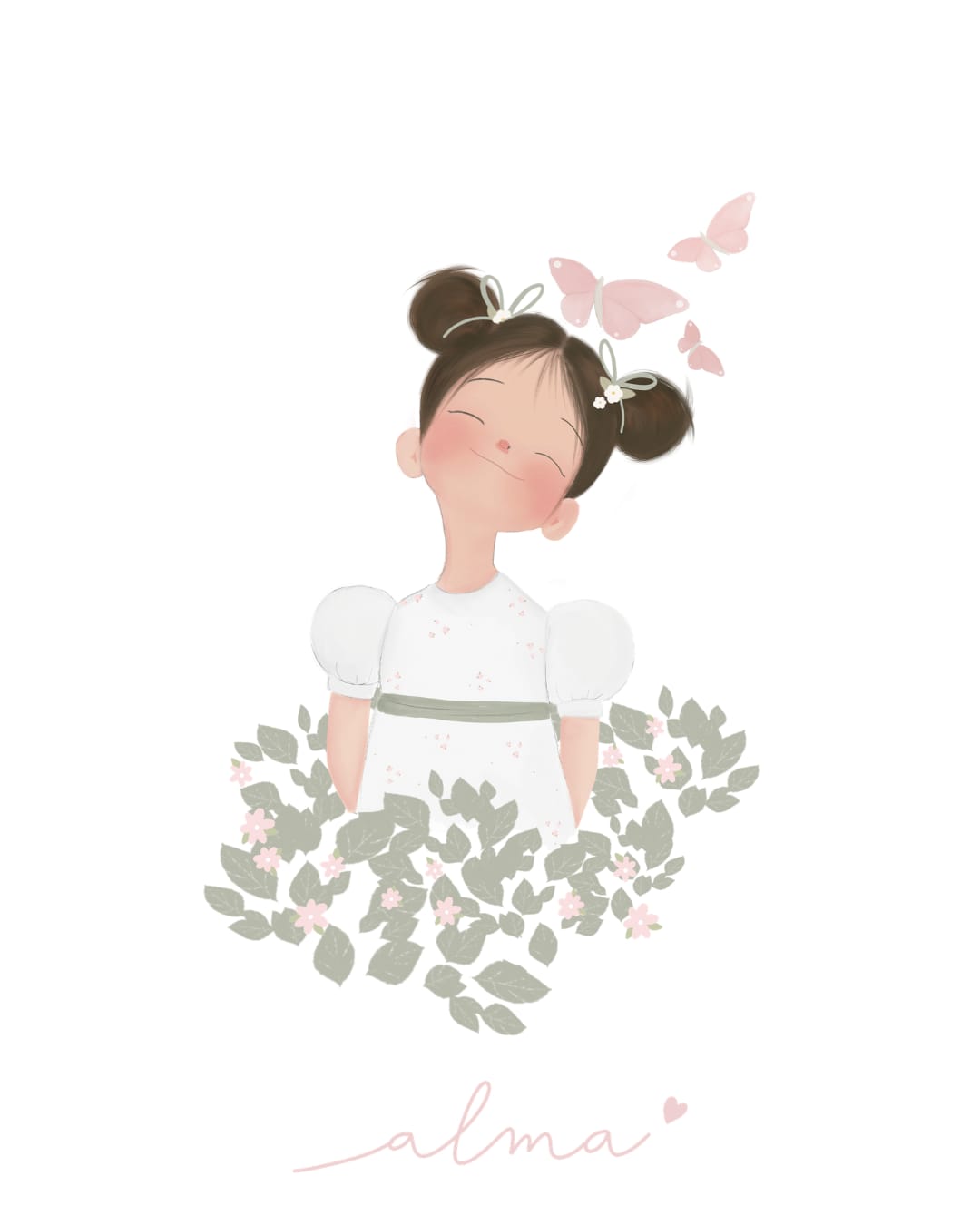 Desenho de menina com vestido branco e borboletas cor-de-rosa