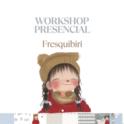 Menina com gorro castanho, cachecol e casaco vermelho com texto workshop Fresquibiri