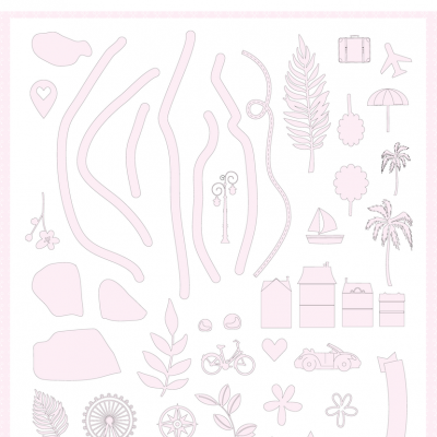 Molde de formas diversas para corte em papel cor-de-rosa claro com elementos decorativos e texto