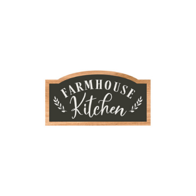 Placa decorativa com texto FARMHOUSE Kitchen em fundo preto e moldura de madeira
