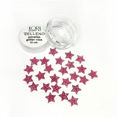 Frasco com estrelas glitter rosa e tampa com etiqueta