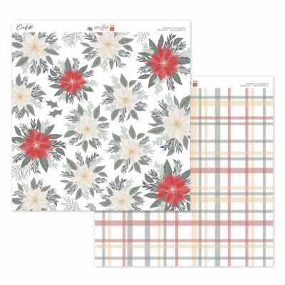 Papel decorativo com padrões natalícios de flores de poinsetia e xadrez colorido