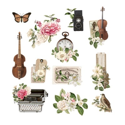 Colagem de elementos vintage com flores, violinos, máquina de escrever, relógio, câmara e animais