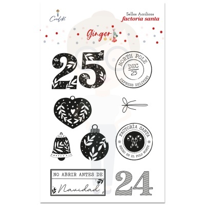 Conjunto de selos acrílicos natalícios com números, corações, sinos e carimbos em preto e branco