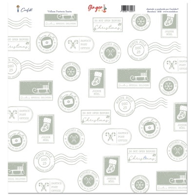 Papel de embrulho com padrão de selos postais e carimbos natalícios em cinza e branco