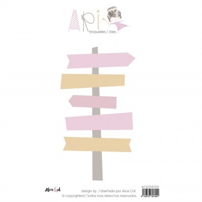 Molde de sinalização com setas em rosa e bege e texto em espanhol e português