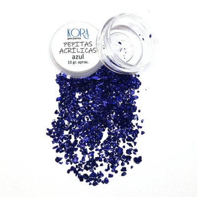 Frasco com pepitas acrílicas azuis e rótulo informativo