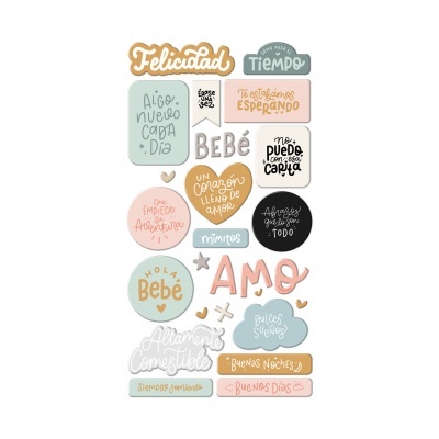 Etiquetas decorativas adesivas com textos e ilustrações para bebés em várias cores pastel