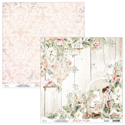 Folhas decorativas para scrapbook com padrões florais e ilustração de casal e elementos naturais
