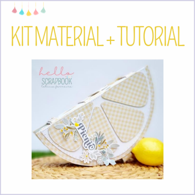 Álbum scrapbook formato fatia de limão com padrão xadrez amarelo e branco e flores decorativas