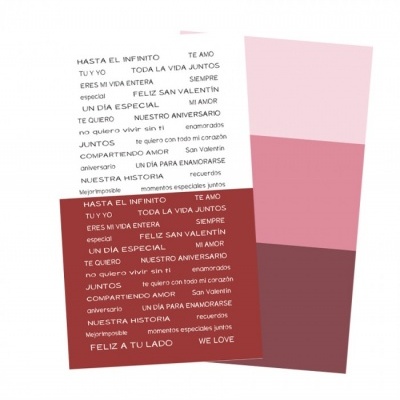 Cartões rosa e vermelho com frases em espanhol relacionadas com amor e celebração.