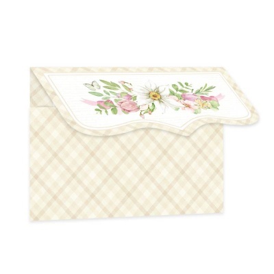 Envelope decorativo bege com padrão xadrez e estampa floral na aba superior