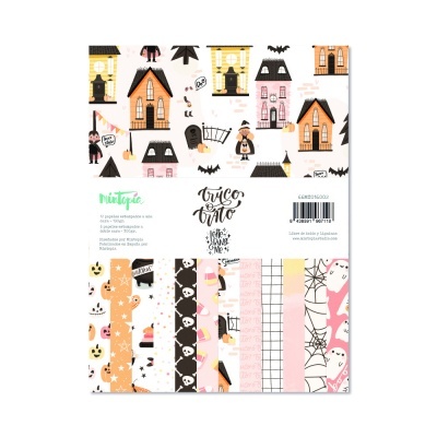 Papéis decorativos para Halloween com padrões coloridos e embalagem visível