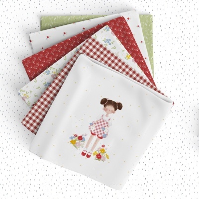 Conjunto de tecidos variados com padrão xadrez, floral e ilustração de menina