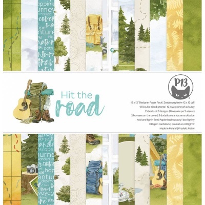 Kit de papéis decorativos com ilustrações de natureza e aventura, cores naturais e texto 'Hit the road'