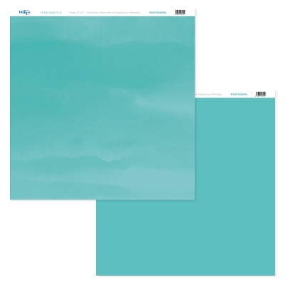 Papel scrapbook turquesa com texto e códigos de barras no topo