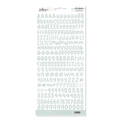 Folha de autocolantes com letras e números verdes claros em várias fontes e tamanhos.