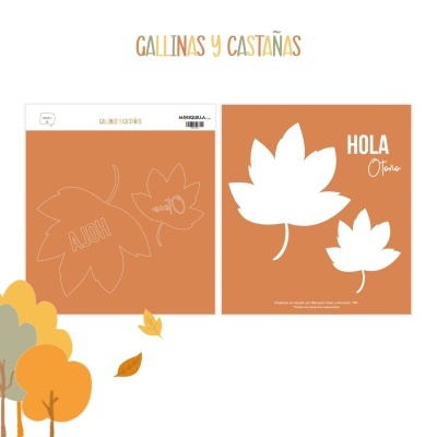 Imagens de produto com folhas brancas e texto HOLA Otoño em fundo castanho