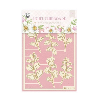 Chipboard leve com formas de folhas em embalagem com flores e texto LIGHT CHIPBOARD embellishments