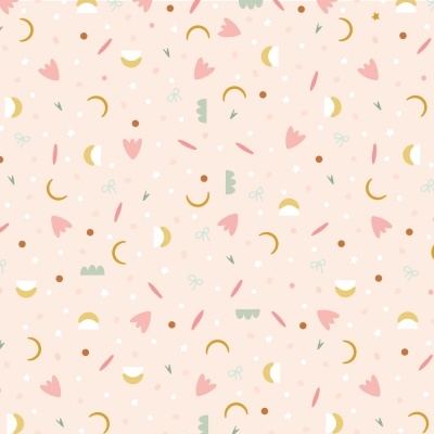 Padrão com formas abstratas coloridas sobre fundo cor-de-rosa claro