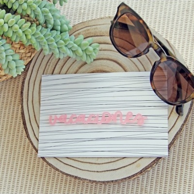 Óculos de sol sobre disco de madeira com planta suculenta e cartão decorativo com linhas e texto em rosa.